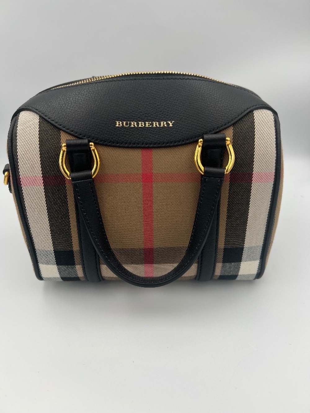 BURBERRY House Check Derby Calfskin Small Alchester Bowling Bag in Black